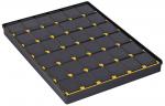Preview: Das Bild zeigt eine rechteckige, flache Box mit 24 kleinen, quadratischen Fächern, die in einem 4x6-Muster angeordnet sind. Die Fächer sind schwarz, mit gelben Kanten.