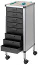 Preview: The image shows a mobile cart with seven black drawers. On top, there is a flat surface with a blue pen and a ruler on it. The cart has wheels.