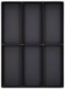 Preview: The picture shows a rectangular, black baking pan, divided into six equal, elongated compartments. The surface is smooth and uniform, without any patterns or decorations.