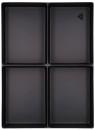 Preview: The image shows a square, black tray divided into four rectangular compartments. Each compartment has a flat, matte surface and a thin border. In one corner, there is a small, triangular symbol.