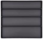 Preview: The image shows a flat, square tray in matte black, divided into four equal rectangular compartments. It has a simple, elegant shape.