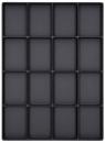 Preview: The image displays a flat, rectangular tray with a total of 16 equally-sized, rectangular compartments. The compartments are dark black and evenly arranged.