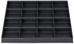 Preview: The image displays a black plastic organizing element with 20 equal-sized, square compartments. It has a flat, rectangular shape and is used for organizing items.