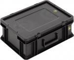 Preview: Das Bild zeigt eine schwarze Kunststoffbox mit einem flachen Deckel. Sie hat abgerundete Kanten, seitliche Griffe und ist stabil konstruiert, ideal für die Aufbewahrung von Gegenständen.