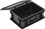 Preview: Es ist eine rechteckige, schwarze Box aus Kunststoff mit einem abnehmbaren Deckel. Sie hat an einer Seite einen Griff, um sie leicht zu halten und zu transportieren. Der Innenraum ist leer und geräumig.