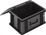 Preview: The picture shows a black, rectangular plastic box with a removable lid. It has side handles and is empty inside. The box appears sturdy and functional.