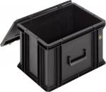 Preview: Es ist eine schwarze, rechteckige Kunststoffbox mit einem abnehmbaren Deckel. Die Box hat seitliche Griffe und ist stabil gebaut, ideal zum Aufbewahren von Gegenständen.