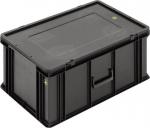 Preview: Das Bild zeigt eine schwarze, rechteckige Kunststoffbox mit einem flachen Deckel und einer Handgrifföffnung an der Vorderseite. Die Box hat eine robuste Struktur und ist für Aufbewahrung gedacht.