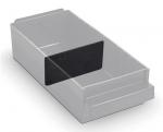 Preview: The image shows a rectangular, flat storage box made of transparent plastic. In the middle, there is a black divider that splits the box into two compartments.