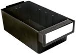 Preview: The image shows a black, rectangular plastic storage box. It has an open top edge and a wide front side with a flat handle strip. The inside is smooth.