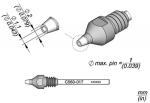 Preview: The image shows a technical drawing of a component with a sharp, conical shape. Dimensions are provided at one end, and two views are depicted: a side view and a top view.