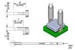 Preview: The image displays a technical drawing of a component on a green circuit board. It features dimensions as well as two round metal protrusions with a central, square component.