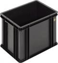 Preview: Das Bild zeigt eine rechteckige, schwarze Aufbewahrungsbox aus Kunststoff. Die Box hat glatte Wände und eine robuste Struktur, ideal zum Verstauen von Gegenständen.