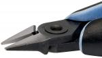 Preview: Das Bild zeigt eine seitliche Ansicht einer Zange mit scharfen, spitzen Klingen. Der Griff ist ergonomisch gestaltet und teilweise blau, während der Rest schwarz ist.