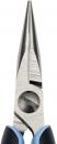 Preview: The image shows the tip of a pair of pliers. It has a narrow, pointed shape and is made of silvery metal. The handles are black with blue accents. The pliers appear sturdy and precise.