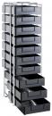 Preview: The image shows a narrow, tall rolling cabinet made of metal with several black drawers. The drawers are evenly arranged and have a smooth surface.
