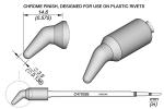 Preview: The image displays a technical drawing of a tool attachment with a curved end. The attachment has a chrome finish and dimensions are provided. It is designed for plastic rivets.