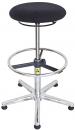 Preview: The image shows an adjustable stool with round, black padding. It features a chrome metal frame and a stable, five-spoke base with casters.