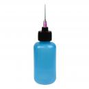Preview: The image shows a transparent, light blue bottle with a black screw cap. At the top, a thin, silver metal pin with a purple tip protrudes.