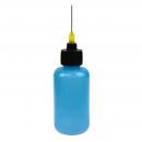 Preview: The image shows a bottle that is blue and has a black cap. A thin metal nozzle with a yellow tip protrudes from the cap. The bottle has a round shape.