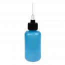 Preview: It is a transparent, blue plastic bottle with a black lid. On top, there is a narrow, long spray nozzle attachment.