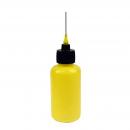 Preview: The image shows a yellow bottle with a narrow, long tip and a black lid. The bottle could be used for ketchup, mustard, or another liquid.