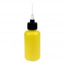 Preview: The image shows a yellow bottle with a black cap. A fine, long needle tip protrudes from the cap. The bottle is rounded and has a smooth material.