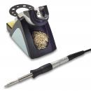 Preview: The image displays a soldering iron with an electrical cable and a soldering device. The device has a rectangular base with a metal layer for resting the soldering iron, and a collection tray with metal shavings.
