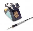 Preview: The image displays a soldering stand with a soldering tip. The stand is black with blue and yellow elements, containing a bronze-like cleaning coil. A cable extends from the soldering tip.