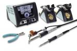 Preview: The image shows an electric soldering device with a screen, two soldering iron holders, a soldering iron, a pair of pliers, and various cables. The tools are designed for precise work.
