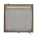 Preview: The image displays a square wooden frame with a fine, gray metal grid in the center. The frame features a simple, rustic finish. On one side, there is a small ribbon attached.