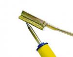 Preview: The image displays two specialized tools: a dustpan with a wide, flat edge and a brush with a yellow handle. Both are arranged on a light surface.