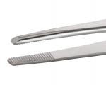 Preview: The image shows two stainless steel tweezers. One has a smooth tip, the other a serrated one. Both are slim and straight, with a shiny surface.