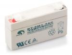 Preview: The image displays a flat, rectangular lead-acid battery in light gray. On the top are two terminal clamps and several printed details, such as the model number and warning symbols.