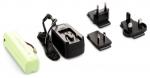 Preview: In the picture, there is a green battery module, a black charger with a cable, and three different plug adapters. The adapters are designed in various shapes.