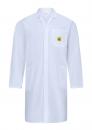 Preview: The image shows a long white coat with a collar. It has long sleeves, a chest pocket with a yellow emblem, and two side entry pockets. The fabric appears light and breathable.