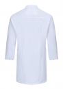 Preview: The image shows a white coat with long sleeves. The coat has a classic collar and is smoothly cut at the back. It has two side pockets and is made from lightweight material.