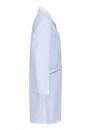 Preview: The image displays a white lab coat in a side view. The coat features long sleeves, a collar, and a sewn-on pocket on the left side. The fabric appears light and smooth.