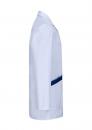 Preview: The image shows a white lab coat in side view. The coat is plain, has long sleeves, and a dark pocket on the left side. The overall appearance is clean and professional.