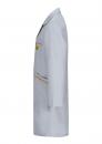 Preview: The picture shows a light gray lab coat. It has long sleeves, an open front, a chest pocket with a yellow patch, and a side pocket with colorful decorative stitching.
