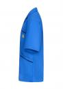Preview: The image shows a blue, short-sleeved shirt. It features a collarless neckline and a side pocket. There is a small yellow logo sewn on the chest.