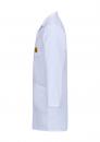 Preview: The image displays a white lab coat in profile. It has long sleeves, a chest pocket, and a simple collar. The coat appears clean and professional.