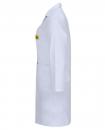 Preview: The image shows a white coat with long sleeves and a lapel. There is a yellow emblem on the left breast. The coat has a simple, functional shape.