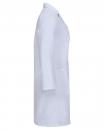 Preview: The image shows a white, fitted lab coat. It has long sleeves, a lapel collar, and a side pocket. The fabric appears light and smooth. The coat is depicted in a side view.