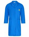 Preview: The image shows a blue lab coat with long sleeves. The coat has a collar, two front pockets, and a small attached warning symbol on the left side.