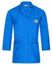 Preview: The image shows a blue lab coat made from a smooth, sturdy fabric. It has long sleeves, a collar, and a chest pocket with a yellow patch. There are two pockets on the front.