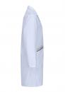 Preview: The image shows a white lab coat in side view. The coat has long sleeves, a collar, and a chest pocket with a dark zipper. It is straight-cut.