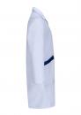 Preview: The image shows a white coat with a simple, classic cut. It has long sleeves and a blue stripe on the right pocket. The coat features a collar and is depicted from the side.