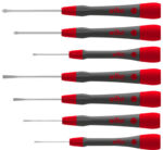 Preview: The image shows a series of screwdrivers in various sizes. The handles are gray with red ends. The heads are narrow and metallic, suitable for fine screws.