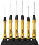 Preview: The image shows a set of six screwdrivers on a stand. The handles are yellow with a rubberized surface, and the tips are metallic shiny and of varying lengths.